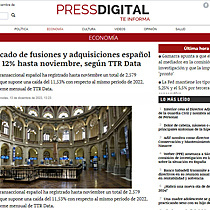 El mercado de fusiones y adquisiciones espaol cae un 12% hasta noviembre, segn TTR Data